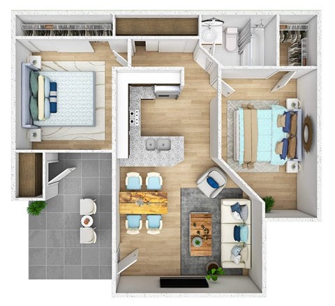 A top-down view of a house layout with a kitchen, living room, dining area, and bathroom.